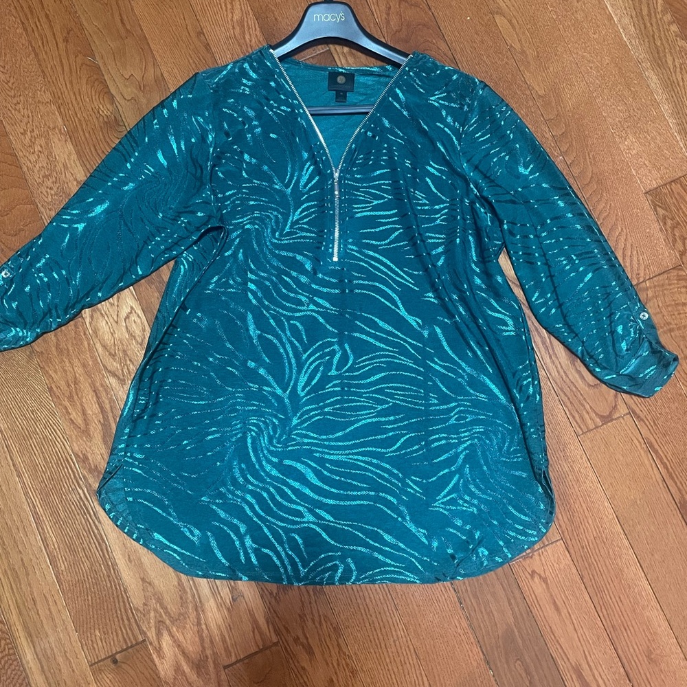 JM Collection Teal Metallic Zebra-Stripe V-Neck Top